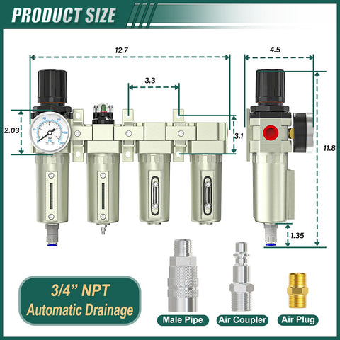 Workhorse Industrial Grade Four Stage Air Drying System with Auto Drain Three Quarter Inch NPT Regulator, dimensions view