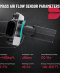 Mass Air Flow Sensor MAF AFH50M 05 for 3.8L GM V6 Vehicles with parameters and plug-and-play installation view.