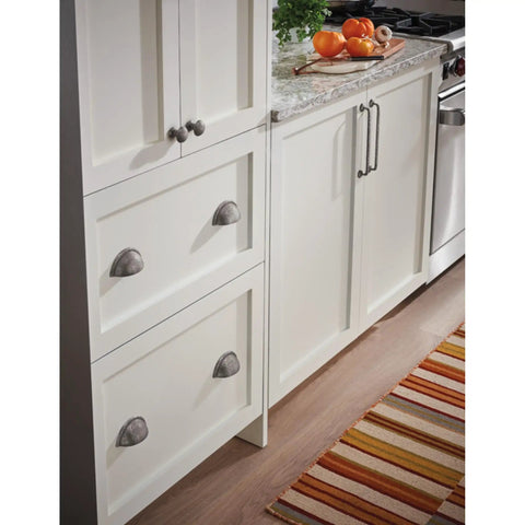 Tough As Nails Rustic Cup Pull Handle For Kitchen Cabinets Designed For The Daily Grind Smooth Glide Action on white cabinet drawers.