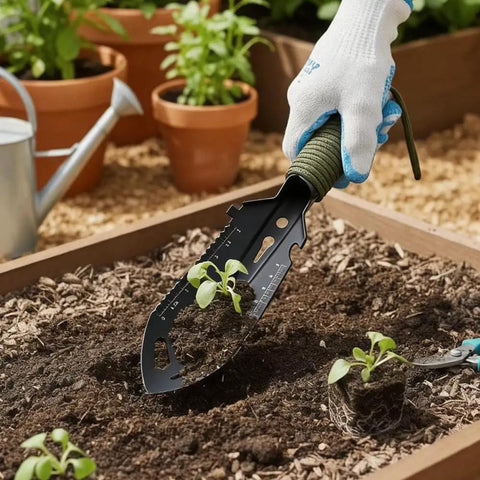 Beast 9 In 1 Portable Camping Shovel Multi Tool with serrated blade used for gardening and planting in soil, black handle with paracord.