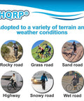 HQRP bicycle riders on rocky, grass, sand, highway, snowy, and wet roads.