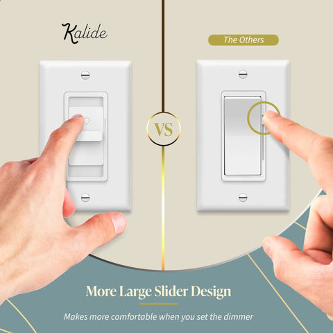 Two switches, left is No Fuss Digital Dimmer Switch For 200W Dimmable LED And CFL Lights, Single Pole Slide Dimmer, Neutral Wire Not Required, UL Listed, White TGDS1-W 1 Pack Easy To Install, right switch with button