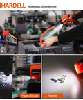 Cordless Electric Screwdriver 3.6V with rear flashlight, showing LED light in use for precise screwdriving in tight spaces.