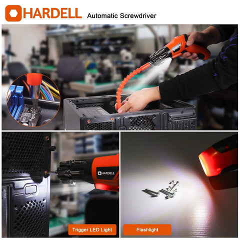 Cordless Electric Screwdriver 3.6V with rear flashlight, showing LED light in use for precise screwdriving in tight spaces.