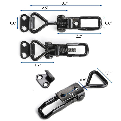 Beefy Heavy Duty Toggle Latch Clamp Kit 12 Pack With 220 LB Capacity, Adjustable Black Metal Pull Latches shown with dimensions