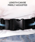 Two-Stage Child Safety Harness adjustable belt with black buckle, polyester material, shown on person wearing white shirt and jeans