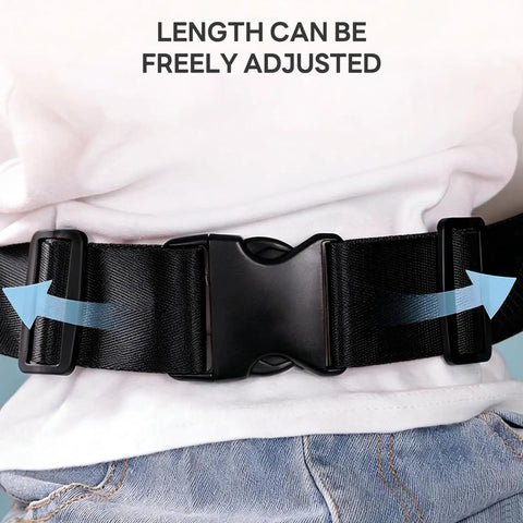 Two-Stage Child Safety Harness adjustable belt with black buckle, polyester material, shown on person wearing white shirt and jeans