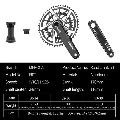 Road Bike Crankset 170mm Direct Mounted Hollow One Piece Double Disc For 9 10 11 12 Speed Available With 50 34T, 52 36T, And 53 39T Chainrings Delivers Stiff Power Transfer For Fast Roadie Rides with product specs