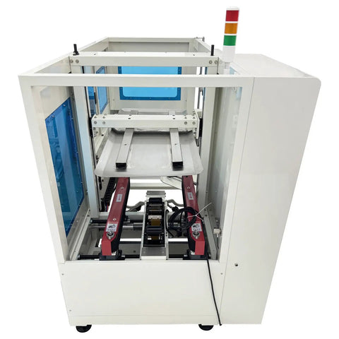 Fully Automatic Carton Erector For Stable Box Forming And Automatic Bottom Sealing That Smoothly Folds Flaps Delivers Consistent Packaging Efficiency And Really Reduces Manual Labor In High Volume Operations 220V, white steel frame with blue panels