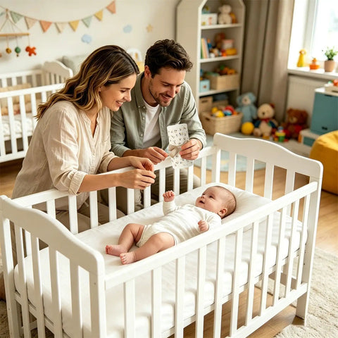 Parents fitting 4 Piece Bed Rail Covers For Teething With Breathable Cotton Gauze on baby's crib for safety and comfort.