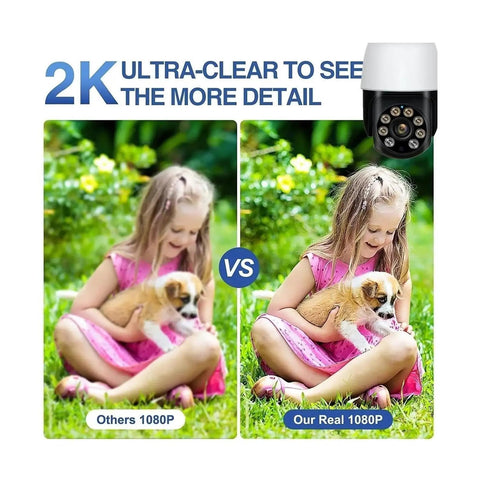 Comparison image of 5MP PtZ Security Camera With E27 Bulb Socket Dual Band Wifi showing 1080P clarity with girl and dog.