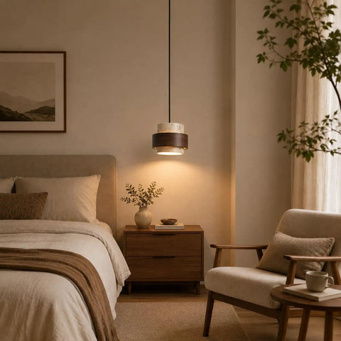Axamate Wabi Sabi Pendant Light Natural Stone Chandeliers Dia 8" illuminating a bedside table in a cozy bedroom setting.