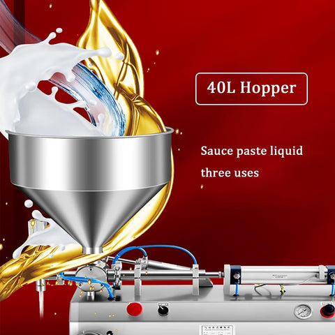Zero Fuss Heavy Duty Pneumatic Paste And Liquid Filling Machine With 40 Liter Hopper, steel funnel pouring liquids.