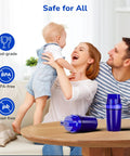 Family with baby at table next to four pack water filter replacement for all PUR and PURPlus pitchers and dispensers replaces PPF900Z.