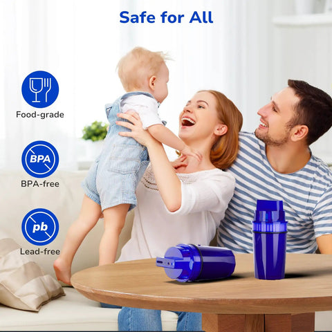 Family with baby at table next to four pack water filter replacement for all PUR and PURPlus pitchers and dispensers replaces PPF900Z.