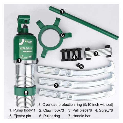 Badass Heavy Duty Hydraulic Bearing Puller For Yanking Stubborn Bearings And Gears Built Tough For Auto And Shop Wrenching Projects That Really Deliver The Goods with pump body, claw hooks, and pull pieces.
