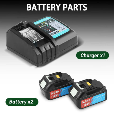 18V battery charger and two 5.0Ah batteries from 8 Ton Battery Hydraulic Knockout Punch Kit With 360 Degree Rotating Head And Half To Two Inch Punch Dies, Pro Grade Workhorse, Includes 18V Battery And Charger For Steel Aluminum And Brass In Tight Spaces.