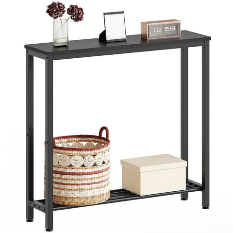 Slick Industrial Console Table For Tight Spaces, Hella Compact Two Tier Sofa Table With Open Storage Shelves, Matte Black Finish with decorative items.