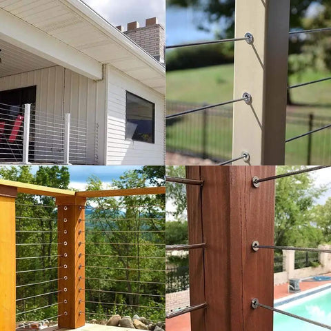 Stainless Steel Protector Sleeves for deck cable railing on wood and composite posts, marine grade T316, outdoor setting