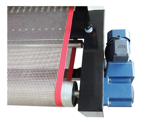 Heavy Duty Screen Printing Conveyor Dryer 220V 4800W with 5.9 ft by 25.6 in belt, close-up of motor and mesh belt