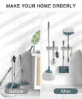 Heavy Duty Wall Mount Mop And Broom Holder 2 Pack With 2 In 1 No Drill And Screw Installation Stainless Steel Organizer Rack showing before and after installation