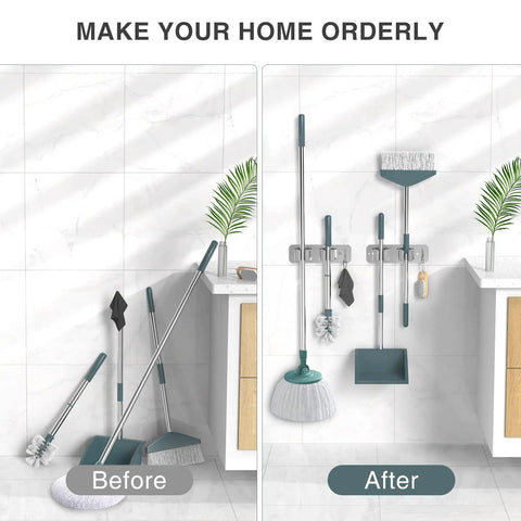 Heavy Duty Wall Mount Mop And Broom Holder 2 Pack With 2 In 1 No Drill And Screw Installation Stainless Steel Organizer Rack showing before and after installation