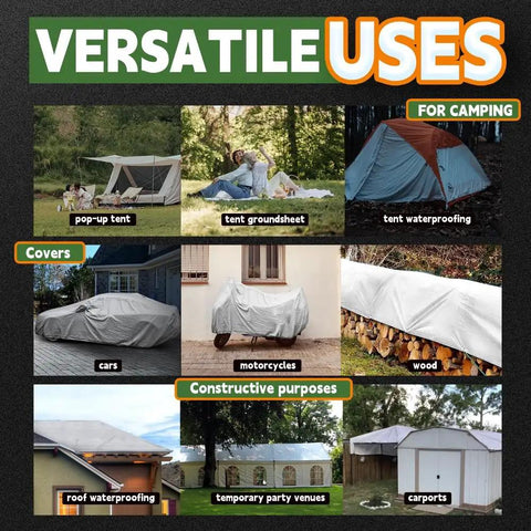 Ultra Thick 12 Mil White Tarp 20x30 Feet UV Resistant Waterproof Poly Tarp With Reinforced Edges And Metal Grommets Weatherproof Outdoor Cover For Jobs Camping Landscaping And Tough Yard Projects shown in various uses for camping, covering cars, motorcycles, wood, roof waterproofing, temporary party venues, and carports.