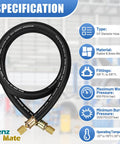 Pro Grade 5 Foot 1/2 Inch HVAC Vacuum Hose With 3/8 To 3/8 Female Flare Fittings For High Flow Refrigerant Evacuation And Recovery, 20 Microns Vacuum, 600 PSI, Black, showing specifications in a workshop background.
