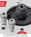 Kickass 3.25HP Router Motor With Variable Speed Remote Control And Soft Start For Router Lifts Shapers And Cnc Shop Features Compact 4.2 Inch Body showing ER20 collets in 1/2", 1/4", and 8mm with clamping mechanism.