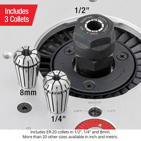 Kickass 3.25HP Router Motor With Variable Speed Remote Control And Soft Start For Router Lifts Shapers And Cnc Shop Features Compact 4.2 Inch Body showing ER20 collets in 1/2", 1/4", and 8mm with clamping mechanism.