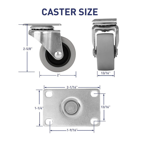 Dimensions of 2 Inch Heavy Duty Rubber Caster Wheels Set Of 4 With Swivel Plate Castors 320 Lb Total Capacity in diagram