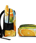 Side view of Dope Summer Fruit Print Unisex Backpack With Orange Lemon Lime Pattern Large Capacity Everyday Carry Daypack