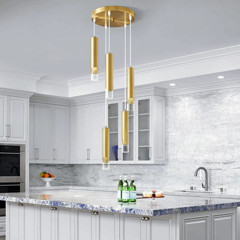 Gold Modern Mini Pendant Lights 3 Pack for Kitchen Island and Bedroom Industrial Ceiling Fixtures with metal rods in a kitchen setting