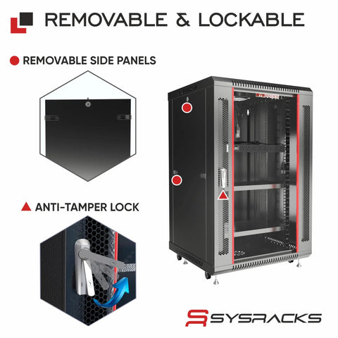 Wall Mount 18U Server Rack Cabinet with 19 Inch Network Enclosure, lockable design with removable side panels and anti-tamper lock.