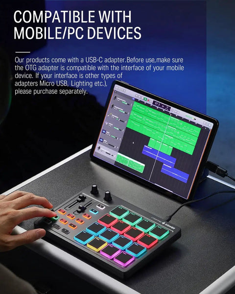 Studio Grade MIDI Pad Beat Maker Drum Machine With 16 Backlit Pads, 3 Pad Banks For 48 Assignable Pads, connected to tablet