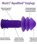 AquaBlock Silicone Ear Plugs For Swimming 2 Pair Waterproof Reusable Ear Protection for water activities, purple.