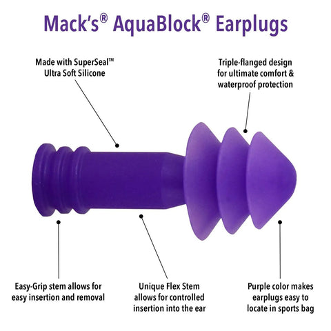 AquaBlock Silicone Ear Plugs For Swimming 2 Pair Waterproof Reusable Ear Protection for water activities, purple.