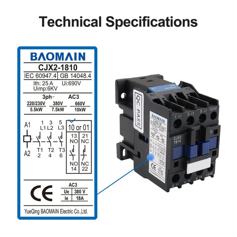 Beefy 3-Pole AC Contactor CJX2-1810 With 24VAC Coil, 3NO And 1NO Auxiliary, 660V 3-Phase, DIN Rail Mount next to technical specifications chart