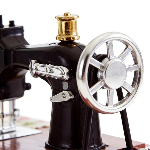 Close-up of Handcrafted Vintage Sewing Machine Music Box With Wind Up Mechanism Matte Ornament, showing gear details
