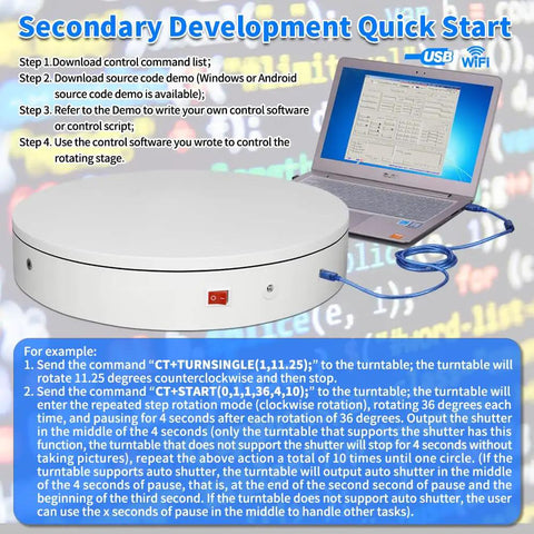 Smart Programmable Motorized Electric Turntable For Photography And 3D Scanning With Auto Shutter Triggers on a desk with laptop.