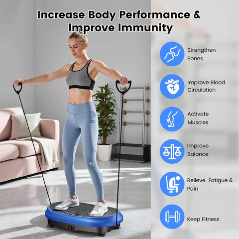 Woman exercising on full body vibration platform for home workouts with Bluetooth, focusing on muscle activation and lymphatic drainage.
