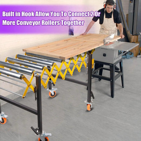 23 Inch Ultra Wide Adjustable Retractable Conveyor Belt 760 Lb Rock Solid Load Capacity with built-in hooks for connecting rollers.