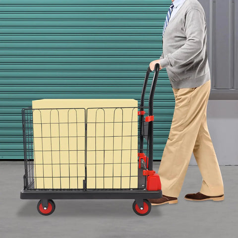 Heavy Duty Platform Cart With Cage And Foldable Flatbed Hand Truck Dolly For Moving Boxes And Equipment Built Like A Tank From Thick Steel And Durable PP Rust Resistant Scratch Proof No Warping Ready For Daily Tough Jobs, side view with box