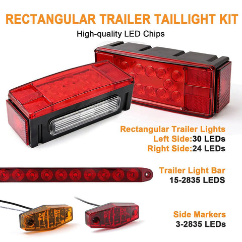 Beefy Submersible LED Trailer Tail Light Kit with 2 rectangular tail lights, light bar, amber red side markers, license bracket.
