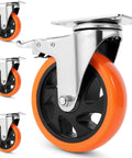 Built Tough 5 Inch Swivel Caster Wheels With Dual Brakes Set Of 4 featuring orange polyurethane treads and stainless steel top plate.