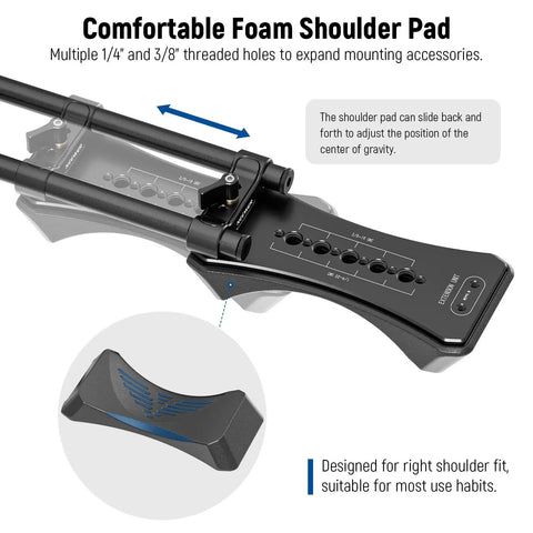 On The Go Shoulder Rig Kit With 16 Inch 15mm Rod System Pro Level Camera Stabilizer showcasing foam shoulder pad