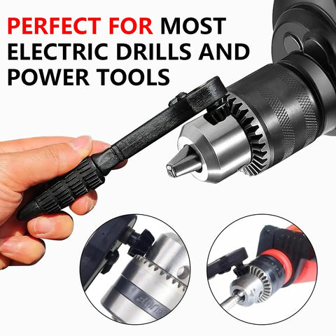 Three In One Ratchet Drill Chuck Key Wrench, DIY Friendly Universal Tool in use on electric drill, showing socket swap function.