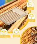 Two Pack 8 Frame Slatted Beehive Rack For Beekeepers, showing preassembled wooden slat frame on hive, pine material, 19.9x14x1.97 inches.