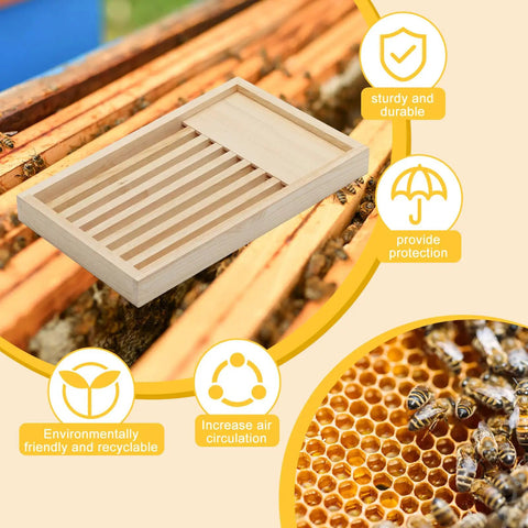 Two Pack 8 Frame Slatted Beehive Rack For Beekeepers, showing preassembled wooden slat frame on hive, pine material, 19.9x14x1.97 inches.