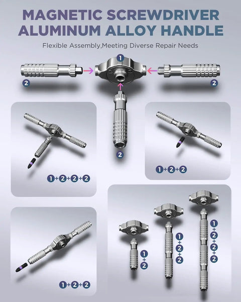Do It All 40 In 1 Magnetic Ratchet Screwdriver Set showing assembly of detachable alloy handle and S2 steel bits.